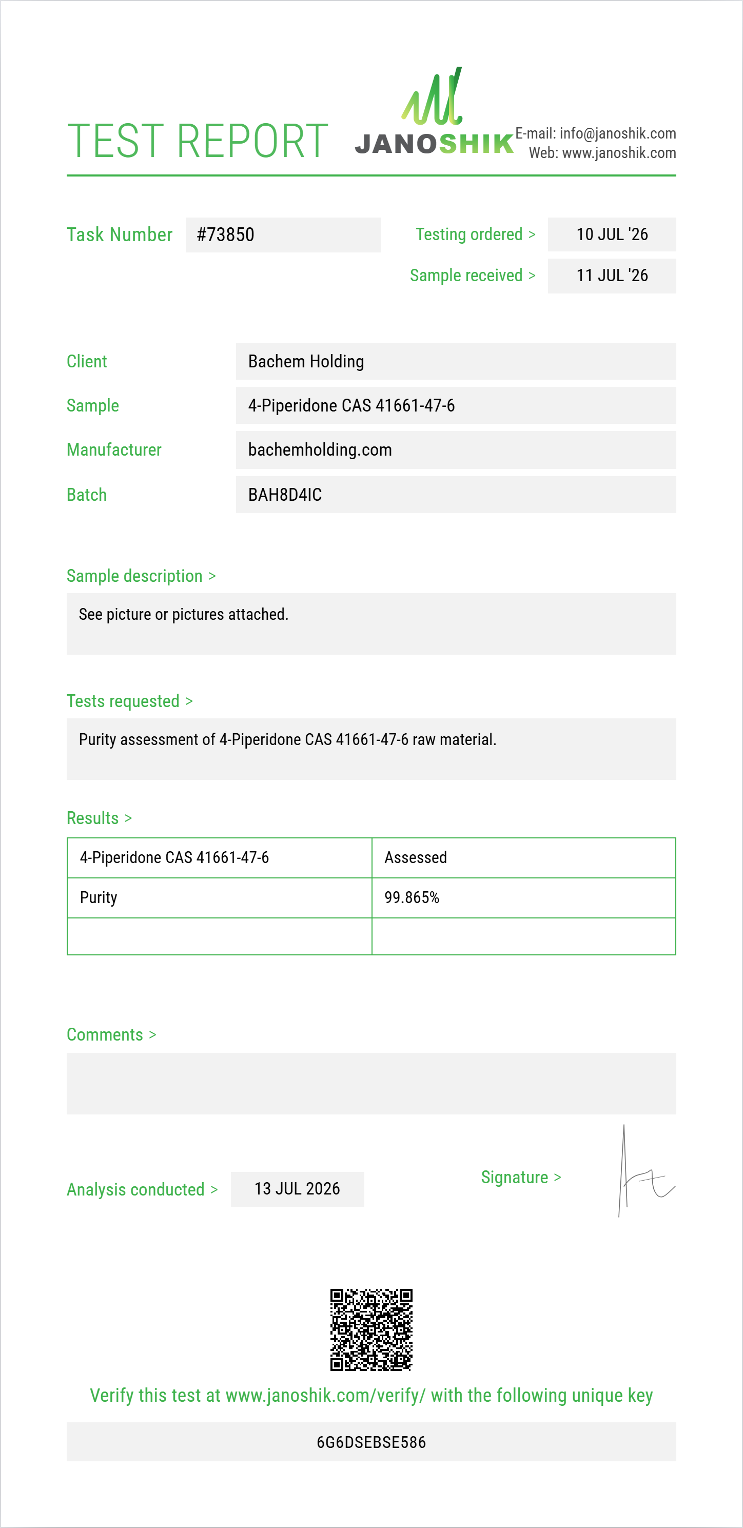 4-Piperidone CAS 41661-47-6 Purity (HPLC) report by Janoshik Analytical