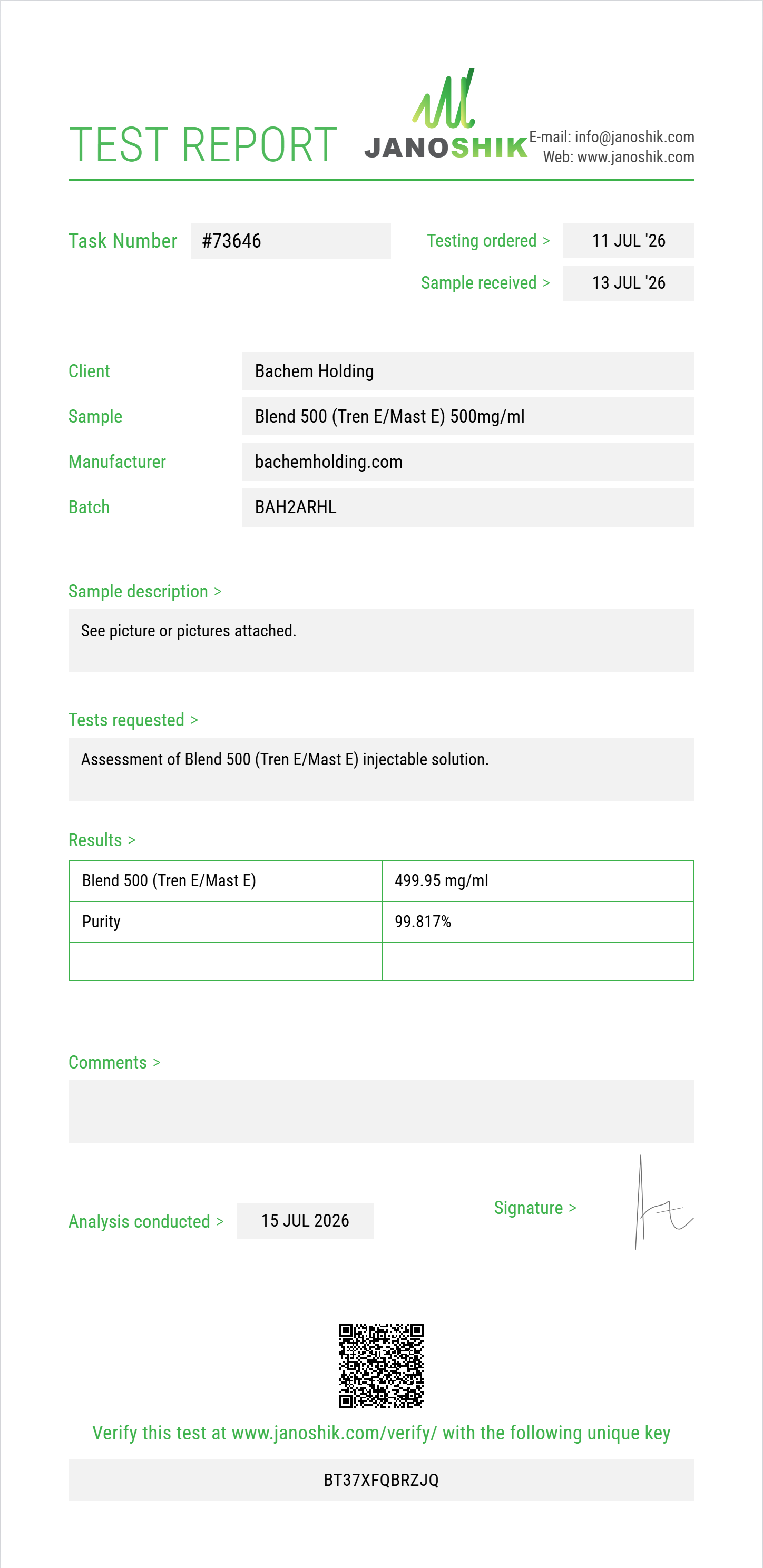 Blend 500 (Tren E/Mast E) Purity (HPLC) report by Janoshik Analytical