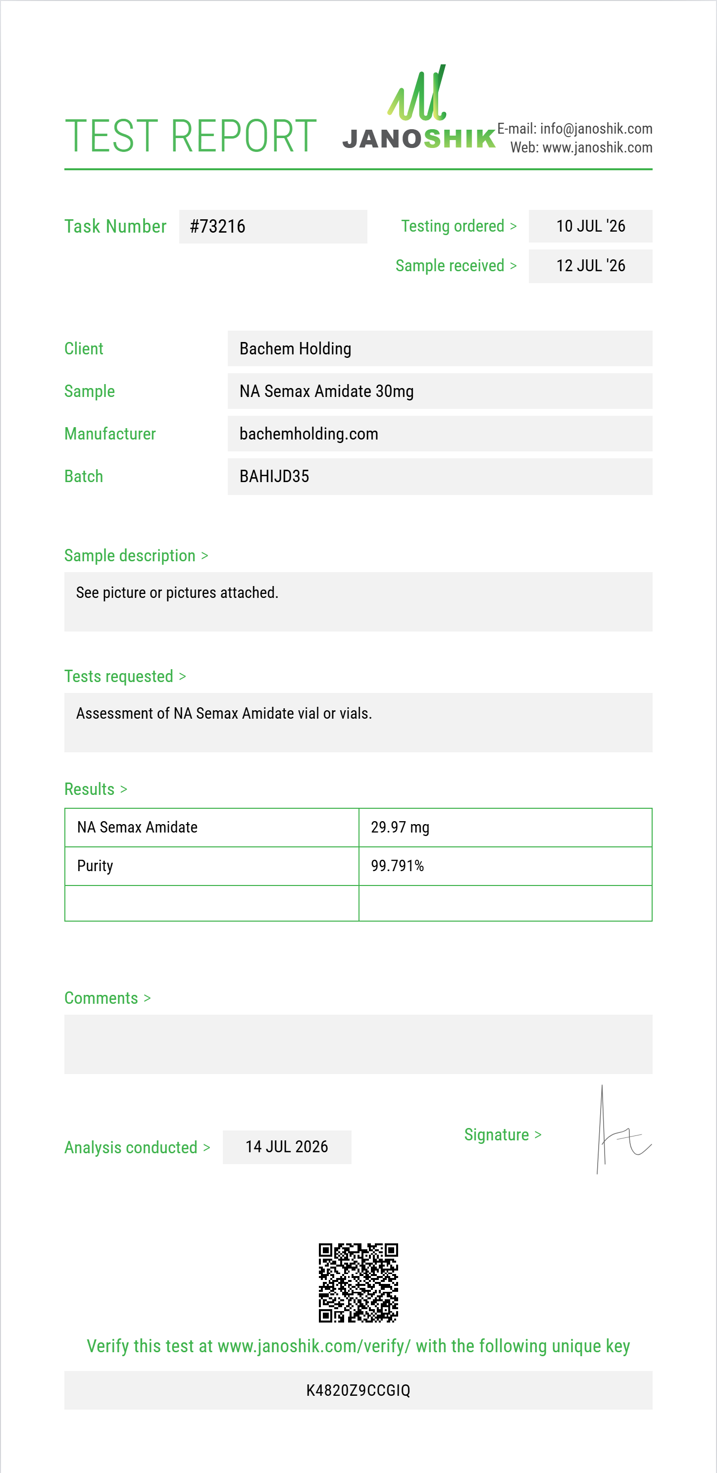 NA Semax Amidate Purity (HPLC) report by Janoshik Analytical