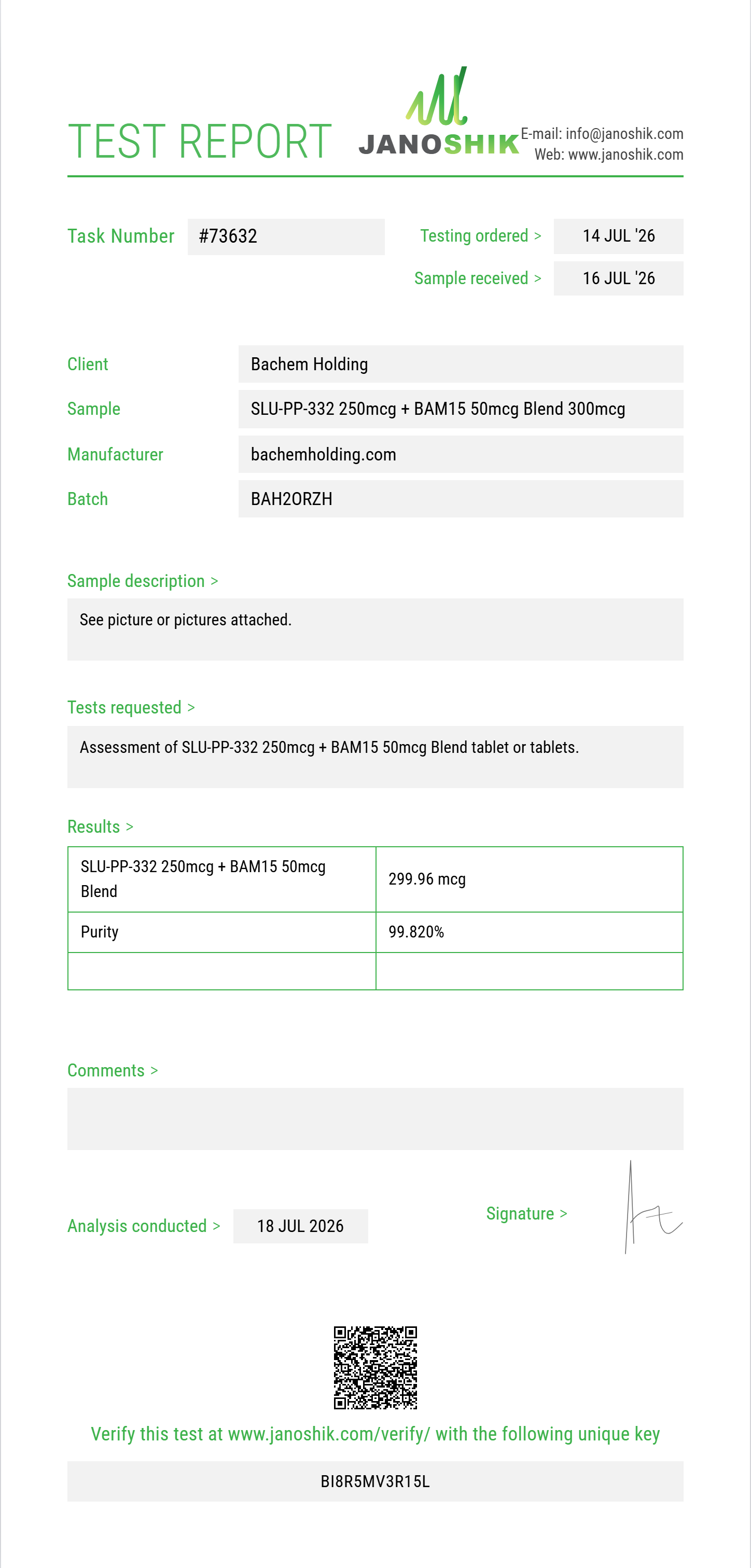 SLU-PP-332 250mcg + BAM15 50mcg Blend Purity (HPLC) report by Janoshik Analytical
