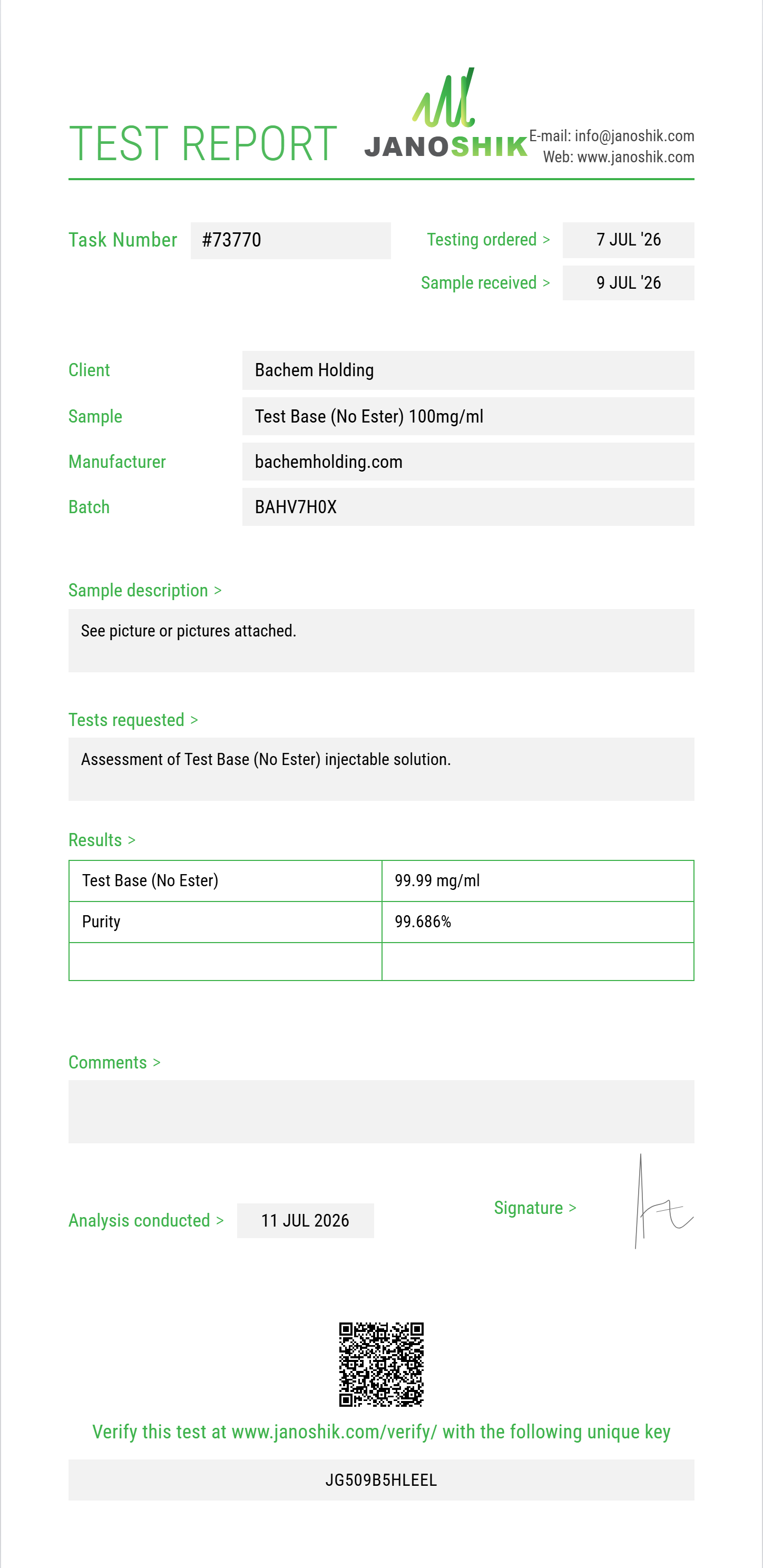 Test Base (No Ester) Purity (HPLC) report by Janoshik Analytical
