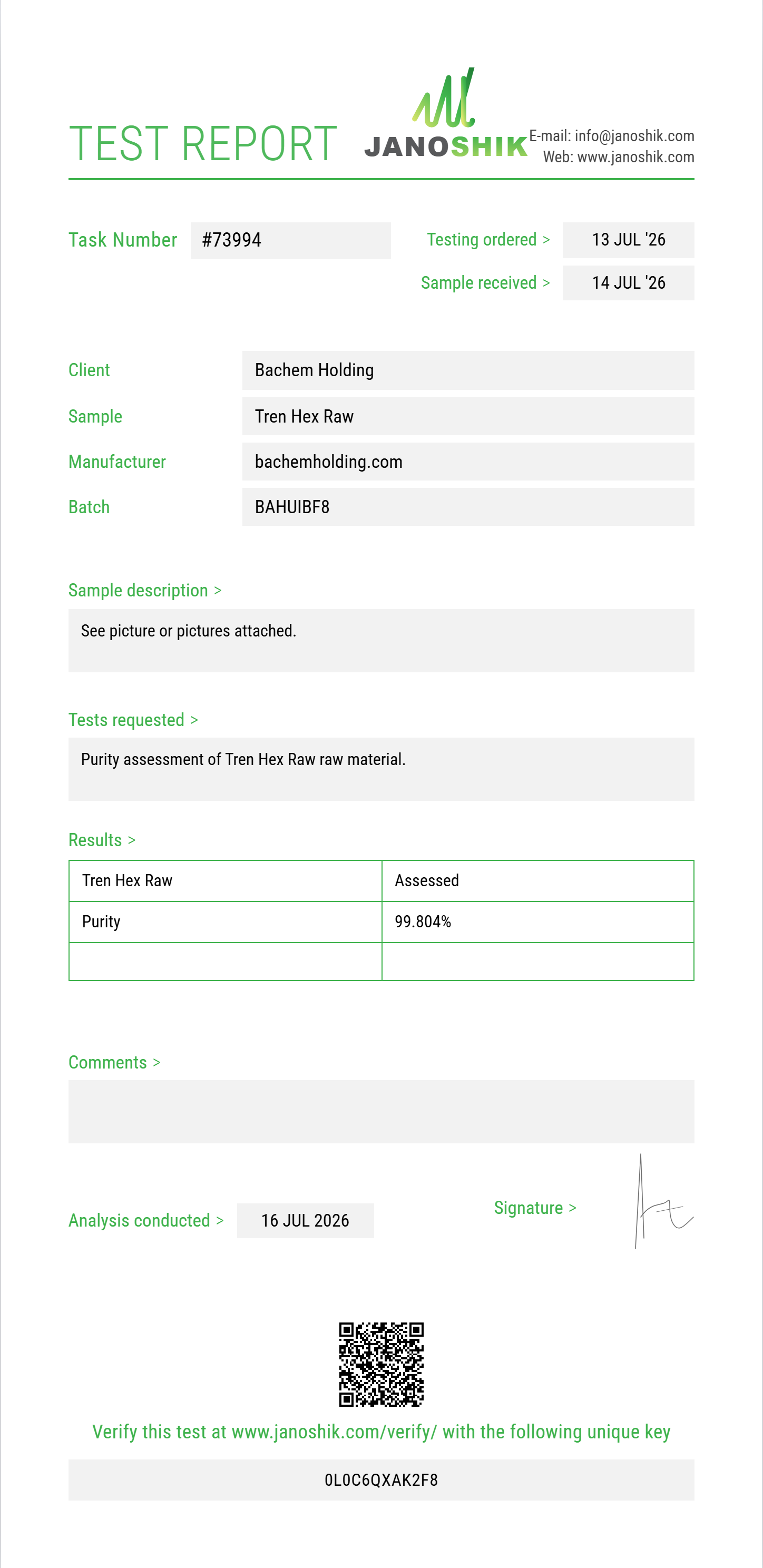 Tren Hex Raw Purity (HPLC) report by Janoshik Analytical
